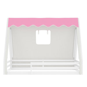 English Elm Twin Montessori Floor Bed Solid Pine Teepee Frame with Guardrails and Canopy Light White+Pink W1580P369467