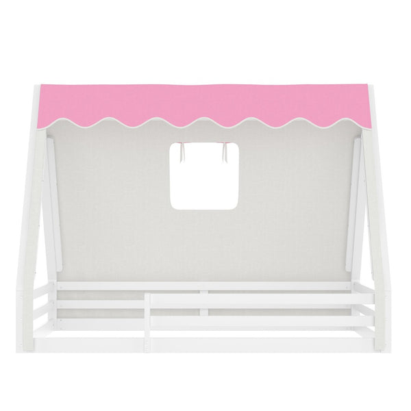 English Elm Twin Montessori Floor Bed Solid Pine Teepee Frame with Guardrails and Canopy Light White+Pink W1580P369467