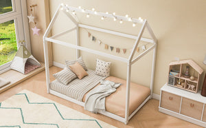 English Elm Twin House Bed Pine Wood Frame with Peaked Roofline Low Profile Kids Bedroom WF197557AAK
