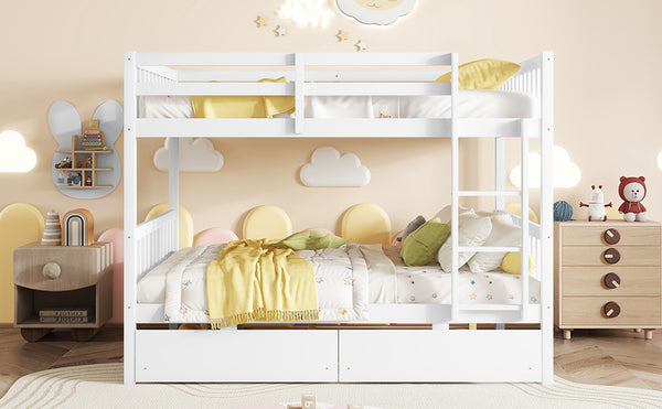 English Elm Full Full Over Full Bunk Bed In White - Durable Rubberwood With 2 Drawers, Converts To 2 Beds, Safe Design W504S00195