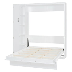 English Elm Full Size Murphy Bed with Open Shelving Wardrobe and Led Lighting for Studio Spaces White LP000898AAK