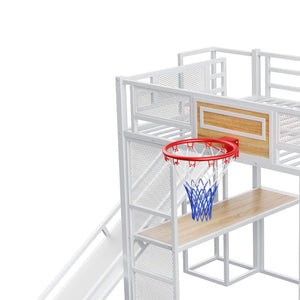 English Elm Full Full Size Metal Loft Bed with Built-In Desk, Slide, Basketball Hoop and Open Wardrobe Storage White GX001524AAK