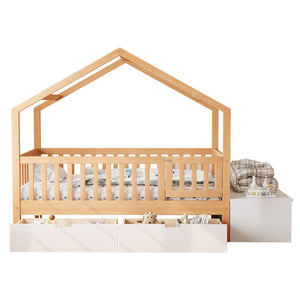 English Elm Toddler Playhouse Bed Solid Pine Frame with Storage Drawers Safety Gate Kids Room N899P429858N