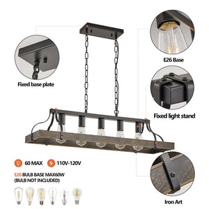 English Elm 34-Inch Vintage Pendant Light with 5 E26 Sockets, Iron Frame, Adjustable Chain for Kitchen Island Black+Gold W1340P251926