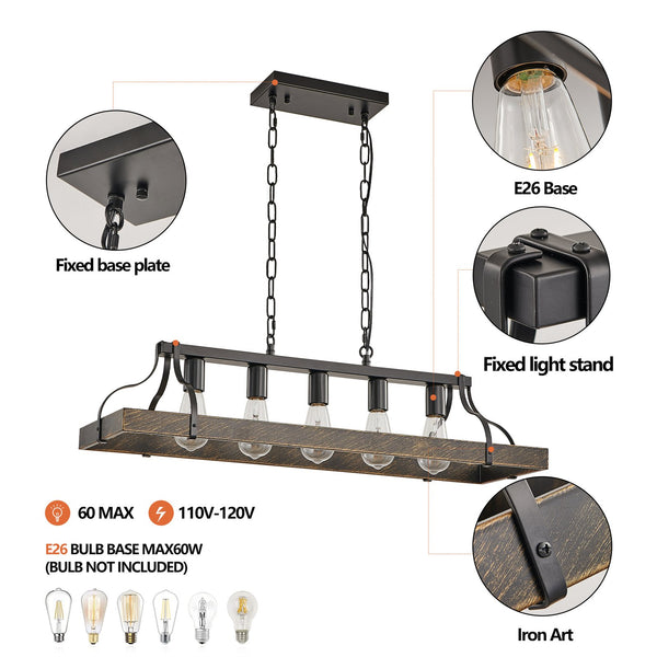 English Elm 34-Inch Vintage Pendant Light with 5 E26 Sockets, Iron Frame, Adjustable Chain for Kitchen Island Black+Gold W1340P251926