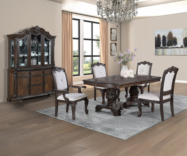 English Elm Formal 5pc Rectangular Dining Set 18" Extendable Leaf Rich Dark Coffee Finish Carved Double Pedestal Elegance B2741S00513