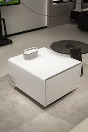 English Elm Modern Coffee Table with Built in Mini Fridge Power Outlets and Beverage Storage White W1172P483597