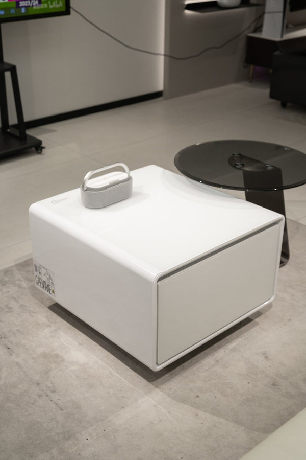 English Elm Modern Coffee Table with Built in Mini Fridge Power Outlets and Beverage Storage White W1172P483597