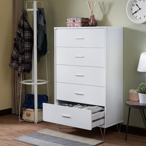 English Elm White 5-Drawer Chest For Modern Storage | Crisp Finish, Polished Chrome Legs & Effortless Access B062P209028-GIGA