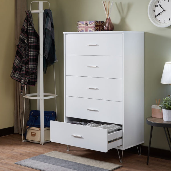 English Elm White 5-Drawer Chest For Modern Storage | Crisp Finish, Polished Chrome Legs & Effortless Access B062P209028-GIGA