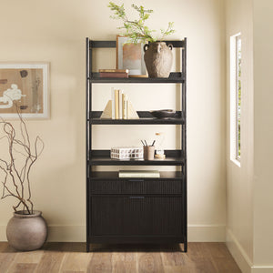 English Elm Walker Edison - Transitional Wide Reeded Bookshelf with Drawers on Bottom for Home Office, Spacious Shelving & Storage Black 75.25 L x 20.63 W x 7 H B185P200187