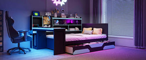 English Elm Full Size Gaming Bed Frame with Desk Led Lights Storage Drawers and Charging Station Black+Blue LP000289AAC