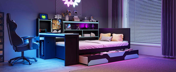 English Elm Full Size Gaming Bed Frame with Desk Led Lights Storage Drawers and Charging Station Black+Blue LP000289AAC