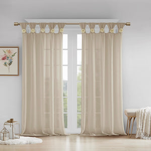 English Elm Floral Tab Top Curtain Panel - Semi-Sheer Faux Linen With Removable Floral Pins For Custom Style B03598264