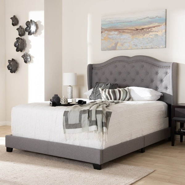 Baxton Studio Baxton Aden King Size Bed - Modern Grey Upholstered Design with Winged Headboard & Nailhead Trim Aden-Grey-King