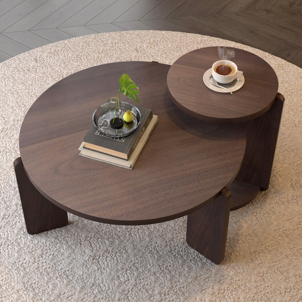 English Elm 32.68 Inch Black Oak Veneer Nesting Round Coffee Table Set for Modern Living Rooms W2899P435700