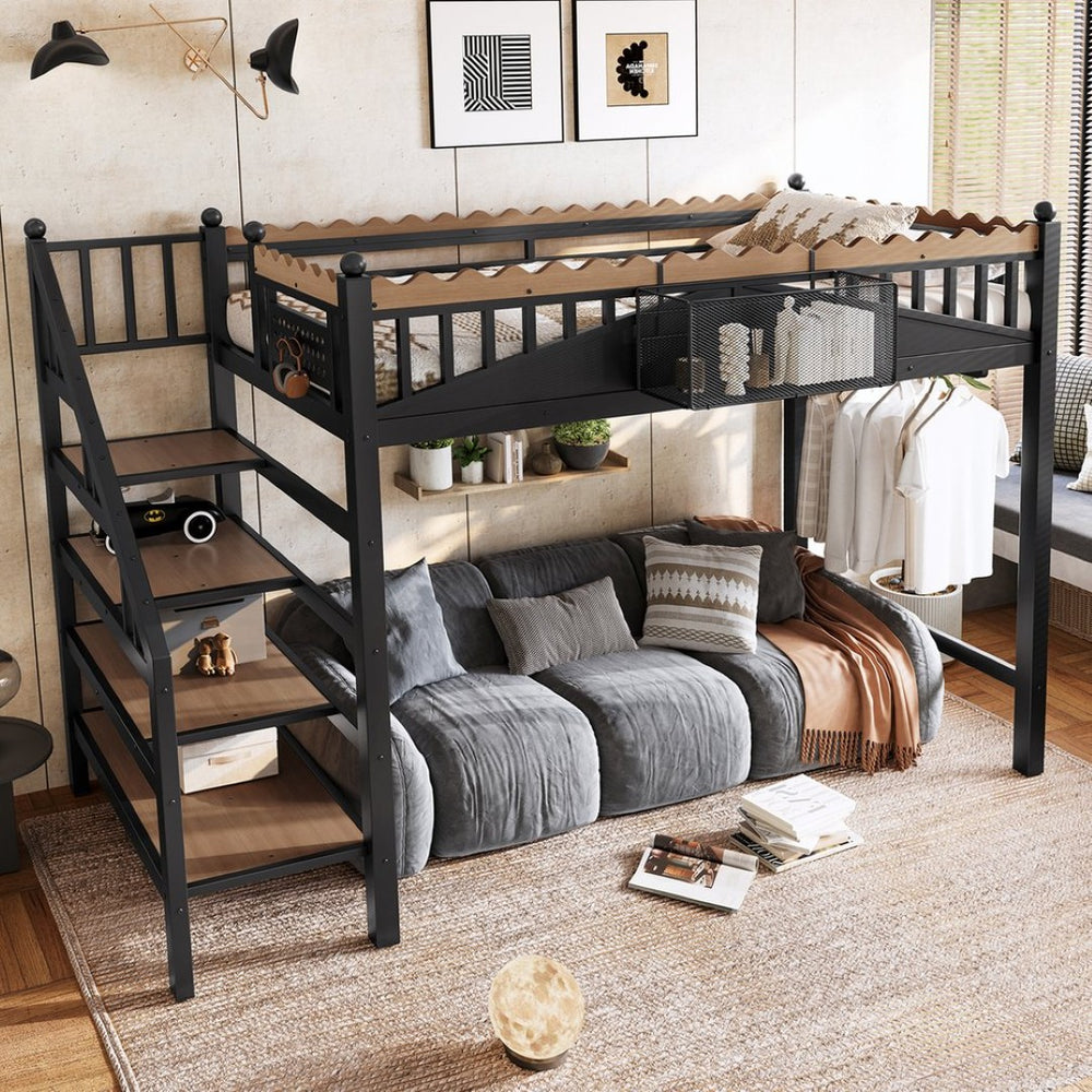 English Elm Twin Xl Metal Loft Bed with Stair Storage Shelves Sturdy Steel Frame for Dorms W1580S00377