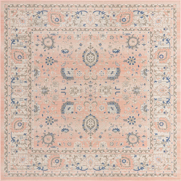 Unique Loom Whitney Bordeaux Machine Made Floral / Botanical Rug Powder Pink, Blue/Ivory/Light Blue/Gray 7' 10" x 7' 10"