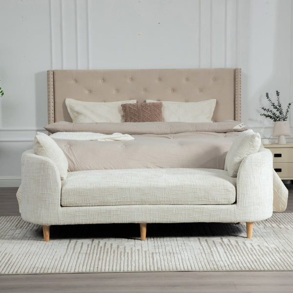 English Elm 77.17" Chenille Chaise Bench with Bolster Pillows Rubberwood Legs Bedroom Lounge W3189S00039