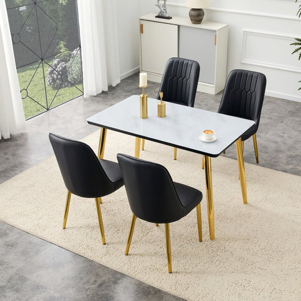 English Elm Table and Chair Set Marble Glass Top Gold Legs Black Pu Seats Modern Dining W1151S04650