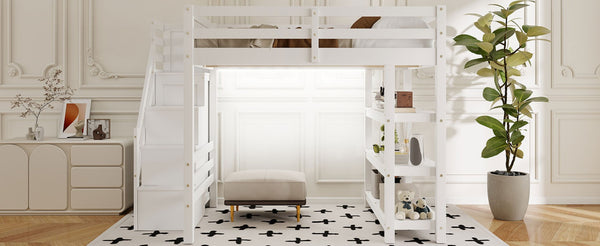English Elm Full Size Loft Bed with Wardrobe Storage Staircase Shelves and Led Lighting N7090000472K-1