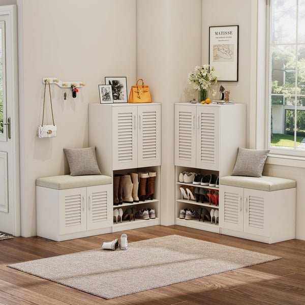 English Elm Multi Functional Shoe Storage Cabinet with Bench and Cushion, 7+3 Adjustable Panels, Ventilated Design for Entryway Ancient White 51.97 L x 17.32 W x 10.24 H W2948P245229