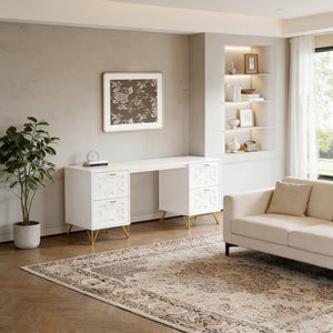 English Elm Stylish White Mdf Computer Desk with Gold Legs Four Drawers for Home Office T3971P449545