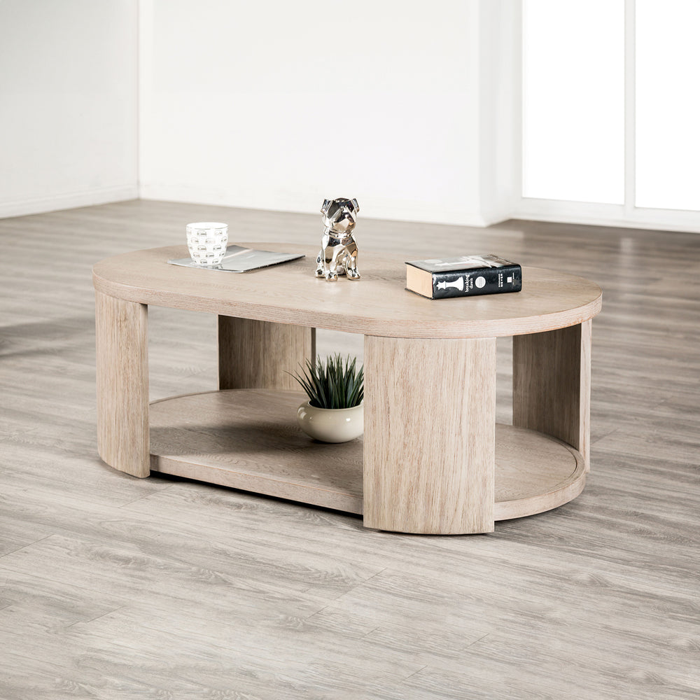 English Elm Modern Oval Coffee Table with Oak Finish, Lower Open Shelf & Optional Casters — 50"W x 28"D x 18"H, Sleek Storage Centerpiece B2741P360628