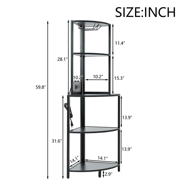 English Elm 5 5 Tier Corner Shelf LED with USB Plug, Black Metal+MDF Tall Narrow Standing Shelf for Corners W420P207358