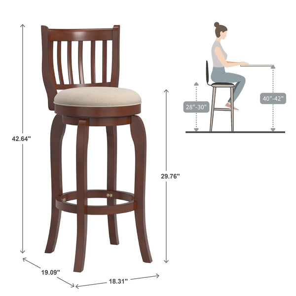 Morgan Rubberwood Swivel Barstool Padded Seat Slatted Back for Kitchen Counter Bar