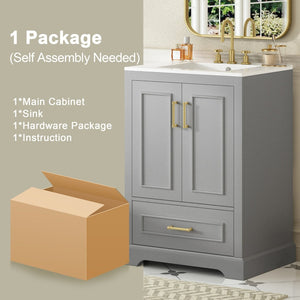 English Elm 24"bathroom Vanity Freestanding Gray Mdf Ceramic Sink Soft Close Storage Cabinet N729P321378E