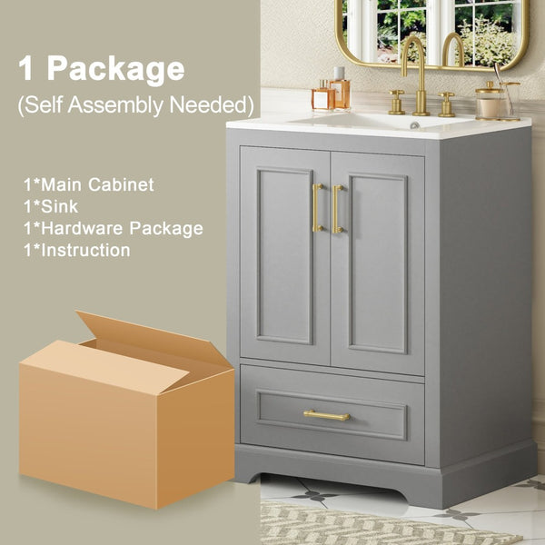 English Elm 24"bathroom Vanity Freestanding Gray Mdf Ceramic Sink Soft Close Storage Cabinet N729P321378E