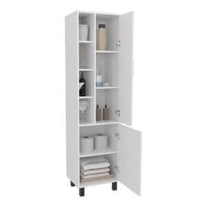 English Elm White Linen Cabinet with Chic Open Display, Dual Concealed Doors & Metal Legs for Modern Storage B062P323178
