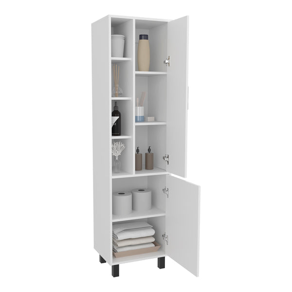 English Elm White Linen Cabinet with Chic Open Display, Dual Concealed Doors & Metal Legs for Modern Storage B062P323178