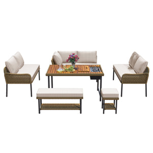 English Elm K&K 6-Piece Rope Patio L-Shaped Sectional Set with Acacia Wood Ice Box Table and Deep Cushions Beige+Brown N707S000014Z