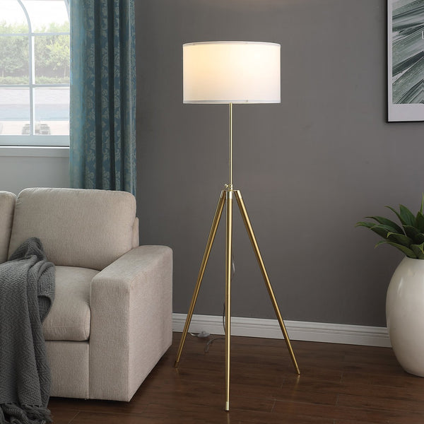 English Elm 64" Adjustable 47–64"H Brass & Shiny Gold Mid-Century Tripod Floor Lamp with White Linen Shade, Dimable Look B072P220162
