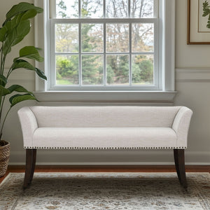 JLA Home Madison Park - 49.5" Welburn Upholstered Bench with Low Back, Nailhead Trim & Wood Legs for Entryway Seating Cream MP105-1272