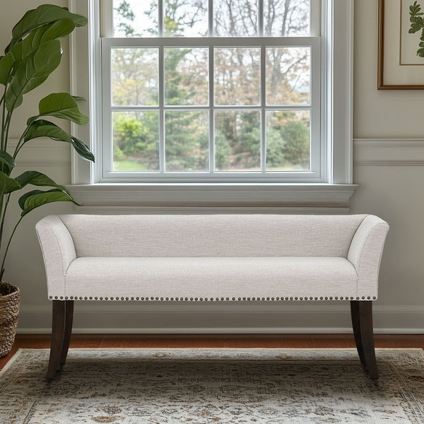 JLA Home Madison Park - 49.5" Welburn Upholstered Bench with Low Back, Nailhead Trim & Wood Legs for Entryway Seating Cream MP105-1272