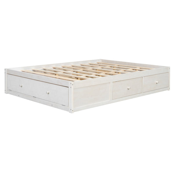 English Elm Queen Platform Storage Bed with Hydraulic Lift Footboard and Four Drawers Antique Finish White LP000139AAK