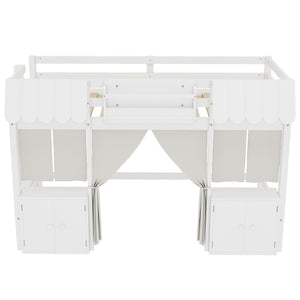 English Elm Twin Loft Bed Cottage-Style Playhouse with Built-In Bookshelf, Curtain & Storage, Safe Guardrails White W1580S00355