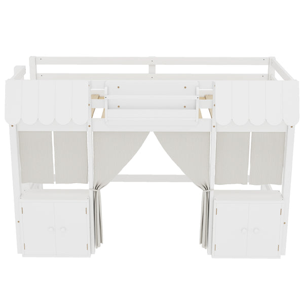 English Elm Twin Loft Bed Cottage-Style Playhouse with Built-In Bookshelf, Curtain & Storage, Safe Guardrails White W1580S00355