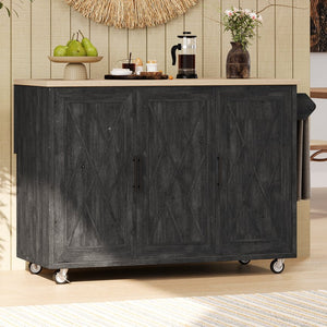 English Elm K&K Farmhouse Kitchen Island with Geometric Twill Doors, ASH Bark Top, Drop Leaf & Lockable Wheels Black N707P221444B