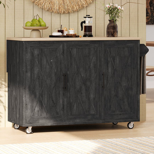 English Elm K&K Farmhouse Kitchen Island with Geometric Twill Doors, ASH Bark Top, Drop Leaf & Lockable Wheels Black N707P221444B