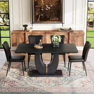 English Elm Black Wood Grain Mdf Dining Table Set Seats 4 with Striped Pu Leather Chairs W1151S04427