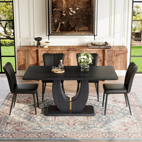 English Elm Black Wood Grain Mdf Dining Table Set Seats 4 with Striped Pu Leather Chairs W1151S04427