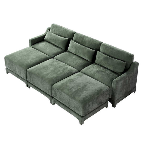 English Elm Three-Seater Sofa Set With 3 Movable Ottomans, Ergonomic Design, Chenille Fabric, Green Comfort W714S01219-GIGA