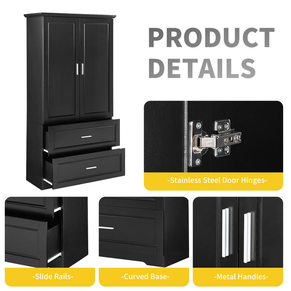 English Elm Tall Bathroom Storage Cabinet – Slim Black MDF Organizer with 2 Doors, 2 Drawers, Adjustable Shelves, Anti-Tip Device N725P172882B