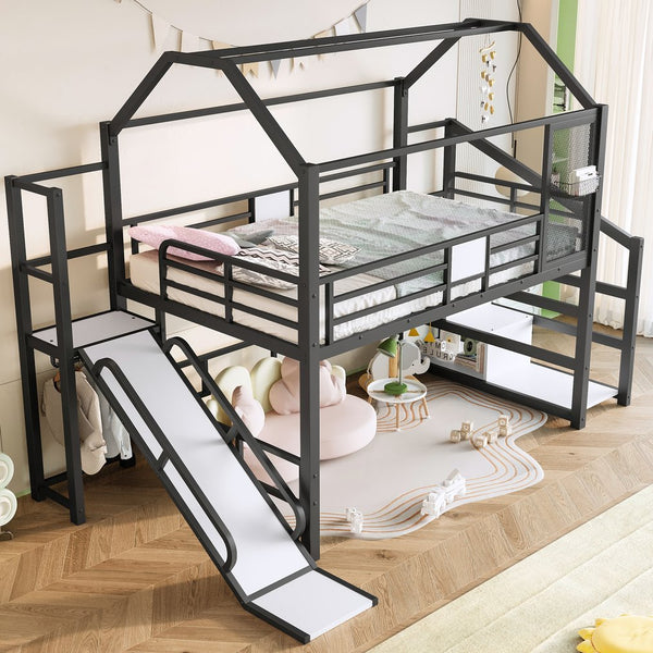 English Elm Full Full House Loft bed with Slide and Stairs, Metal House Play Loft with Storage Shelves and Quiet Design Black W1580S00350