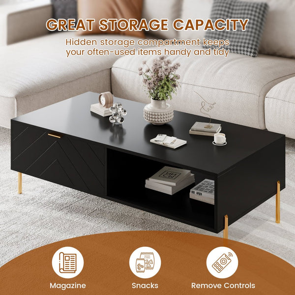 English Elm Mid-century Modern Coffee Table with Dual Drawers Tapered Legs and Open Storage Shelf Black T3609P482850