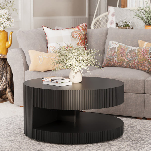 English Elm 31.5'' Round Coffee Table with Hidden Storage and Vertical Stripe Accent, Modern Durable MDF Design Black W757P206007